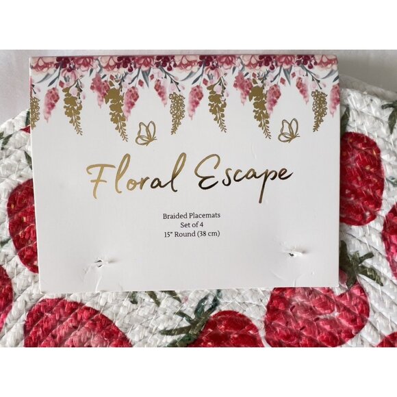 4 pc Braided Placemat Set 15” Rnd STRAWBERRY Floral Escape Red White Easy Care - Picture 2 of 8